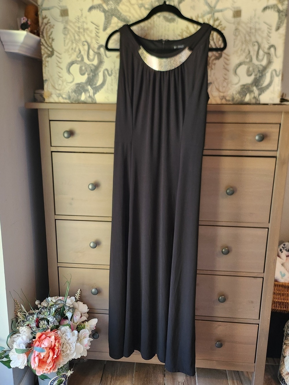 Roz & Ali Black Maxi Dress with Silver Embellished Collar